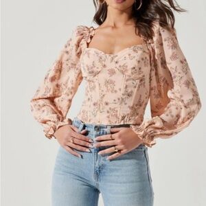 Astr Floral Corset Blouse with Puff Sleeves Size L Feminine Romantic NEW